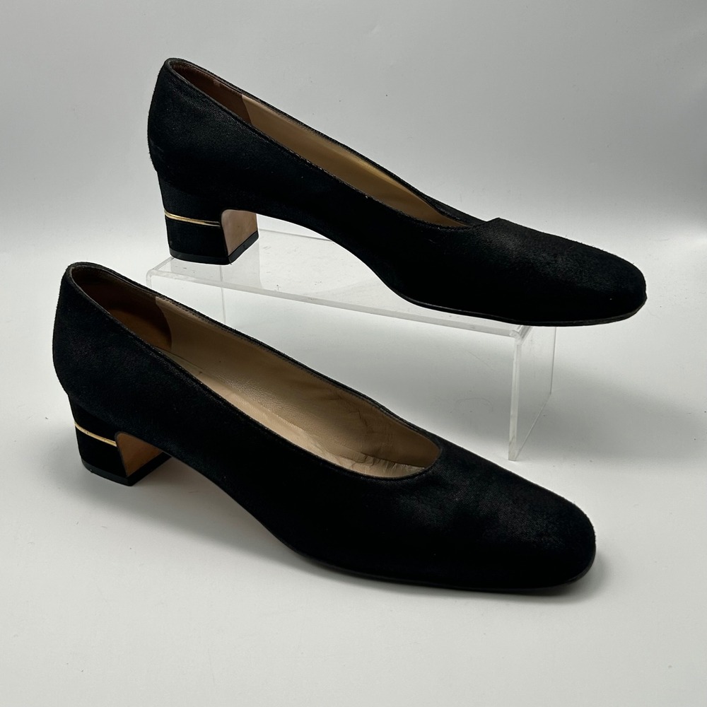 Salvatore Ferragamo Pumps Women 9.5 C Black Block Heel Gold Trim Quiet Luxury